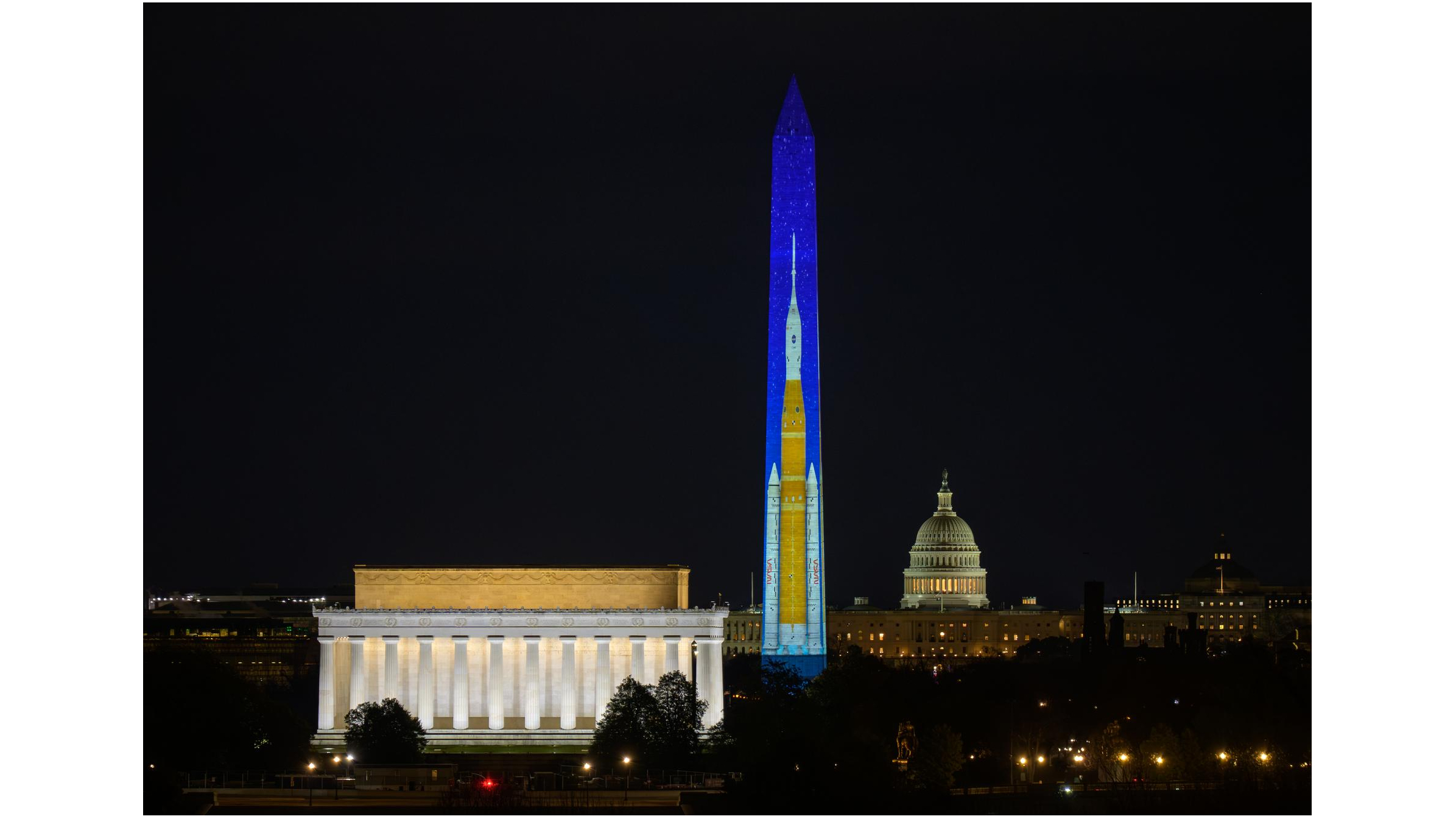 Images depicting NASA&rsquo;s Space Launch System (SLS) rocket are projected onto the Washington Monument as part of an event to kick off the nation's 250th birthday year, Wednesday, Dec. 31, 2025, in Washington, D.C.