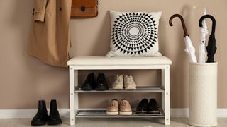 shoe rack with shoes next to umbrella stand