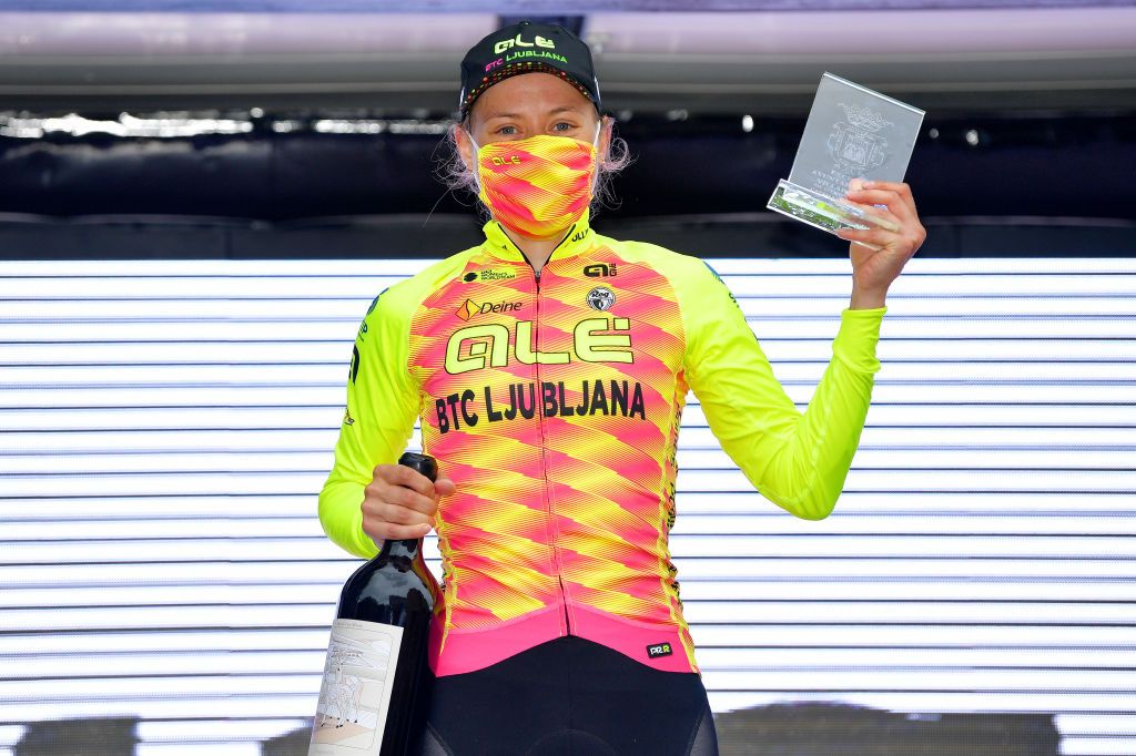 VILLARCAYO SPAIN MAY 21 Anastasia Chursina of Russia and Ale Btc Ljubljana Team stage winner celebrates at podium during the 6th Vuelta A Burgos Feminas 2021 Stage 2 a 97km stage from Pedrosa de Valdeporres to Villarcayo VueltaBurgos BurgosFem UCIWWT on May 21 2021 in Villarcayo Spain Photo by Luc ClaessenGetty Images