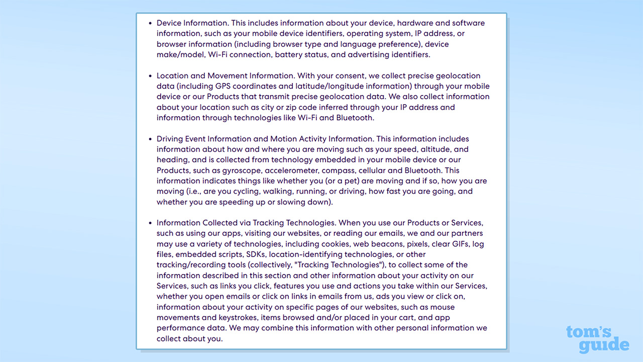 Screenshot of Life360's privacy policy detailing its data collection