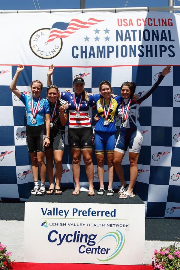 15-16 Womens Omnium Podium, L to R - Nadia Latzgo, Tara McCormick, Jennifer Valente, Kaitlyn Lawrence, Melissa Garcia