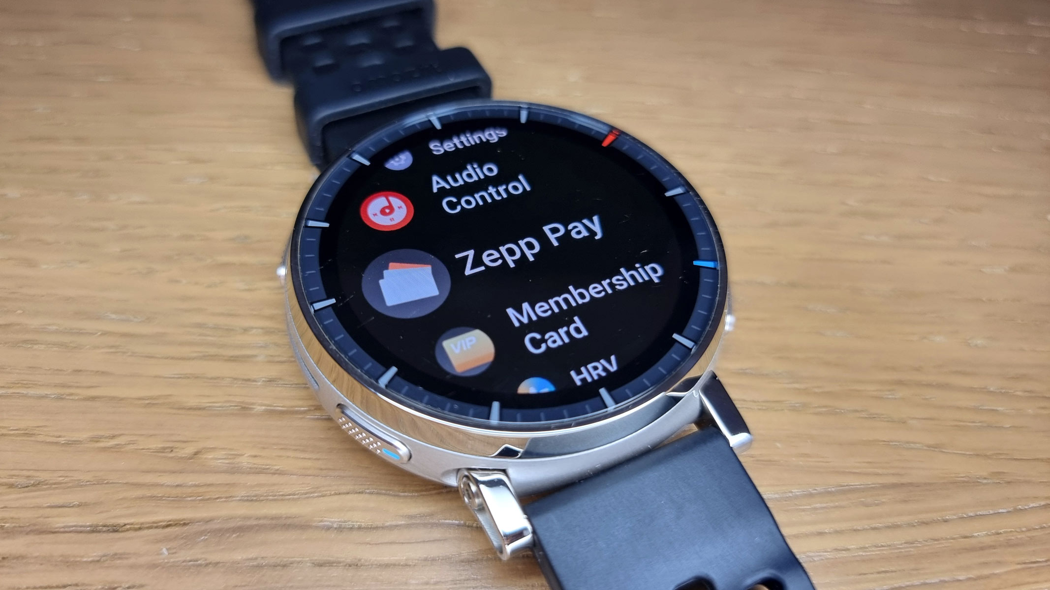 a close-up picture of the feature roster on the Amazfit Active 3 Premium smartwatch