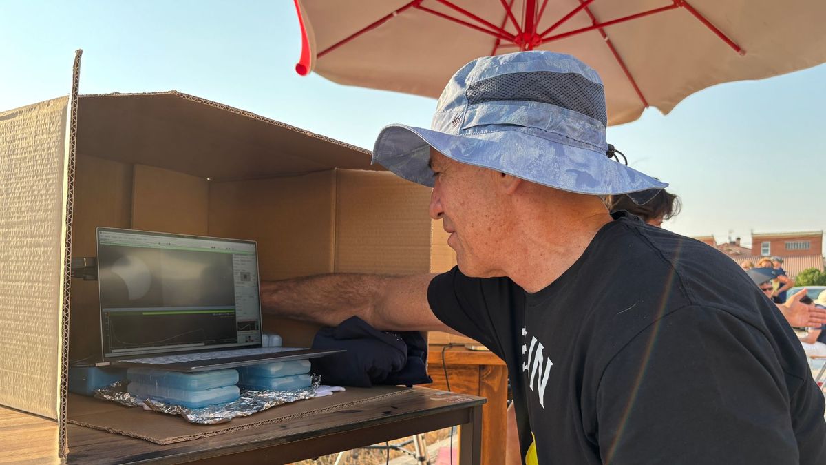 A man is photographed working on a computer in a cardboard box on a sunny day.