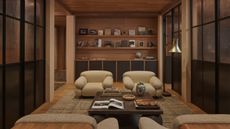 sitting room with glass paneled doors and muted yellow chairs