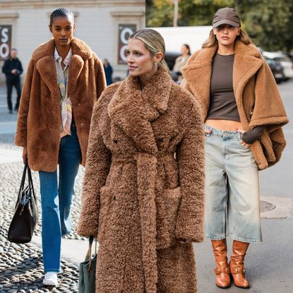 a collage of women wearing teddy coats