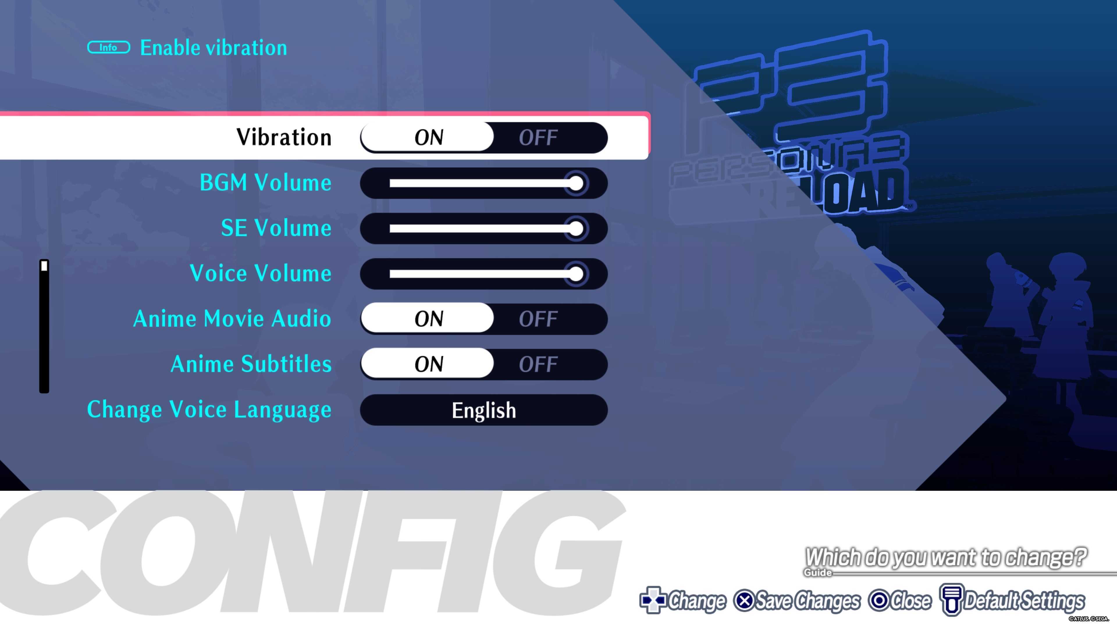 A screenshot showing some of the accessibility features in Persona 3 Reload.