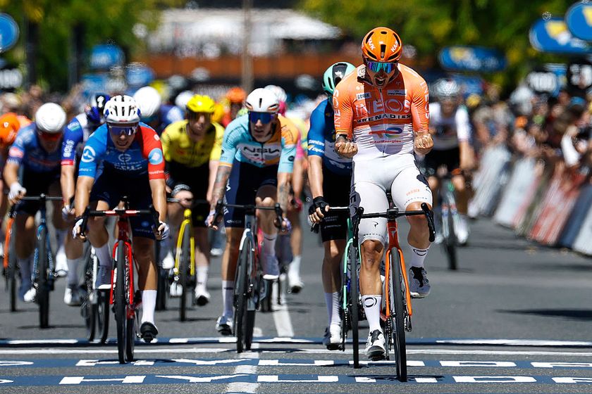NAIRNE, AUSTRALIA - JANUARY 23: Sam Welsford of Australia and Team INEOS Grenadiers (R) celebrates at finish line as stage winner during the 26th Santos Tour Down Under 2026, Stage 3 a 140.8km stage from Henley Beach to Nairne / #UCIWT / on January 23, 2026 in Nairne, Australia. (Photo by Con Chronis/Getty Images)