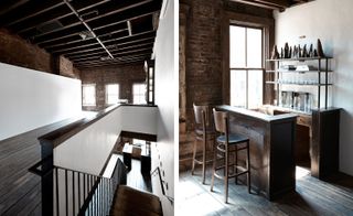 Left Image: Dark wooden floor room, dark wooden strut ceiling, end brick wall with three windows letting in light, white walls to left and right, top of wooden stairwell looking down into room below, Right image: small bar area, window, two wooden stools, wooden floor, brick wall, drinking glasses of shelving unit