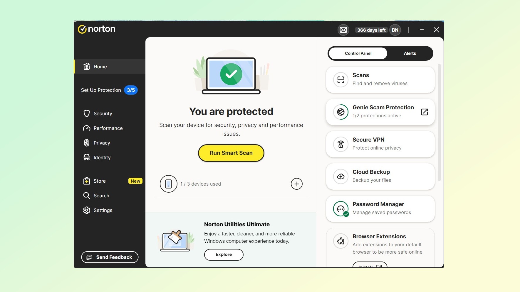 A screenshot showing how Norton's Genie scam protection is incorporated into its security dashboard