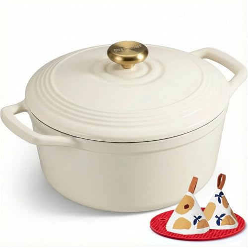 Overmont Enameled Cast Iron Dutch Oven - 5.5qt Pot With Lid Cookbook &amp;amp; Cotton Potholders - Heavy-Duty Cookware for Braising, Stews, Roasting, Sourdough Baking White