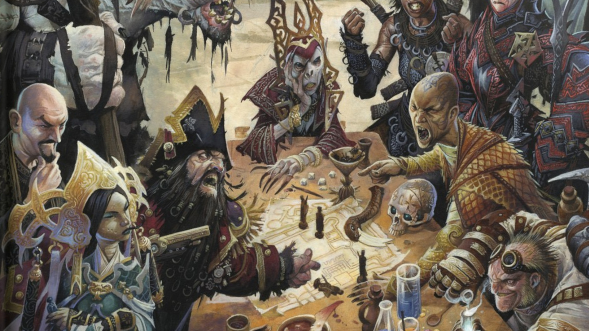 Monstrous and humanoid beings sit around a table