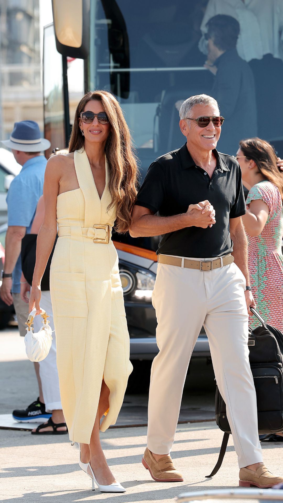 Amal Clooney and George Clooney are seen arriving into Venice ahead of the 82nd Venice International Film Festival 2025 on August 26, 2025 in Venice, Italy