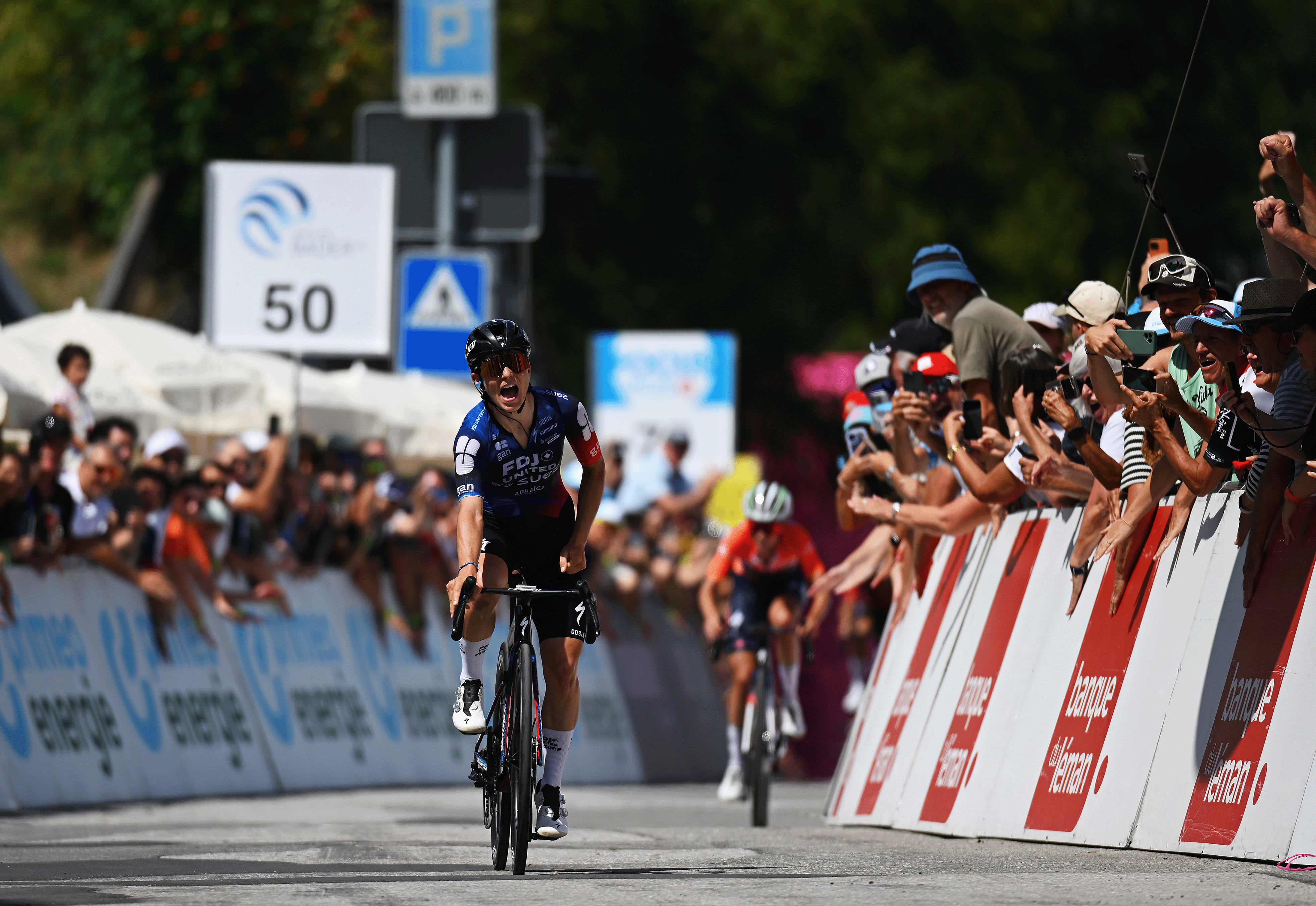 LA TZOUMAZ, SWITZERLAND - AUGUST 16: Elise Chabbey of Switzerland and Team FDJ - SUEZ sprints at finish line to win the stage ahead of Urska Zigart of Slovenia and Team AG Insurance - Soudal - Orange Points Jersey during the 4th Tour de Romandie Feminin 2025, Stage 2 a 123.2km stage from Conthey to La Tzoumaz 1522m / #UCIWWT / on August 16, 2025 in La Tzoumaz, Switzerland. (Photo by Dario Belingheri/Getty Images)