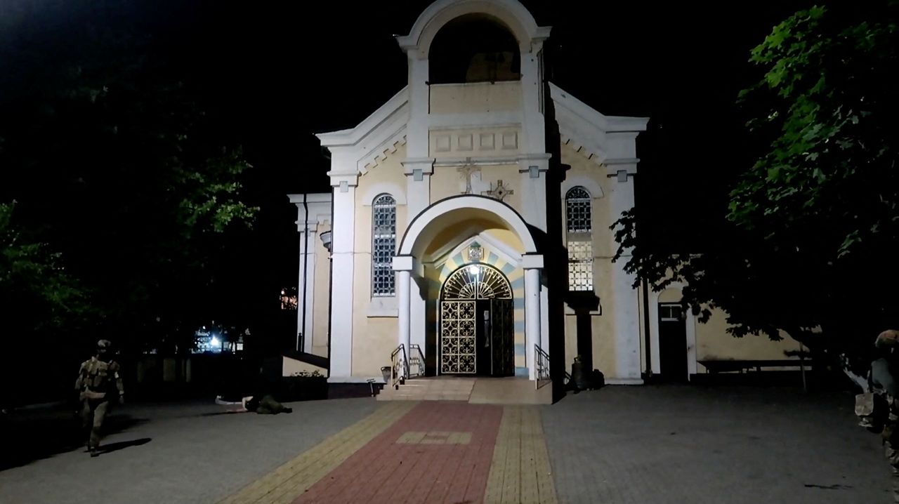 A view shows the Orthodox Holy Assumption Cathedral after an attack by gunmen in Makhachkala in the region of Dagestan, Russia