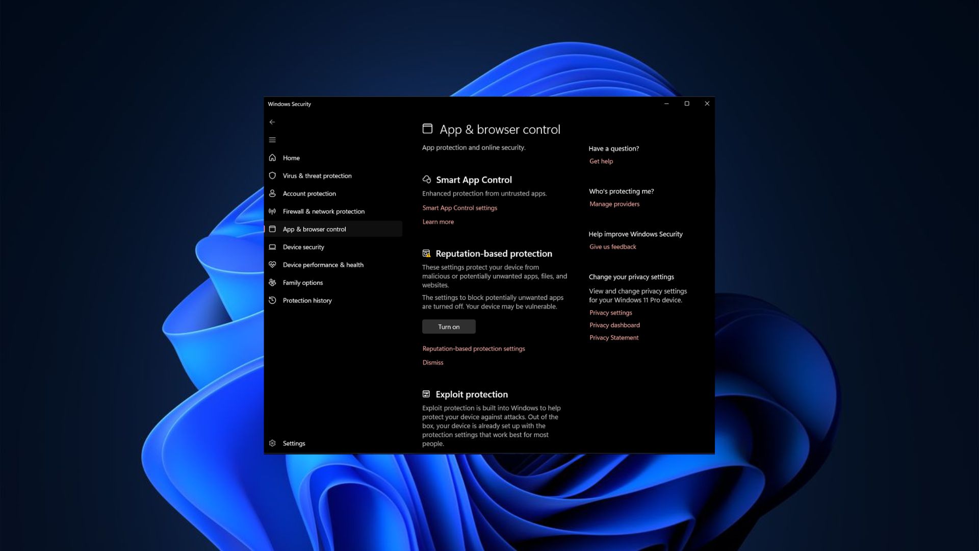 A Windows Security window shows "App &amp;amp; browser control" settings with options for Smart App Control, Reputation-based protection, and Exploit protection, over a blue abstract background.