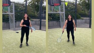 Susan Griffin holding badminton racquet, playing badminton for beginners