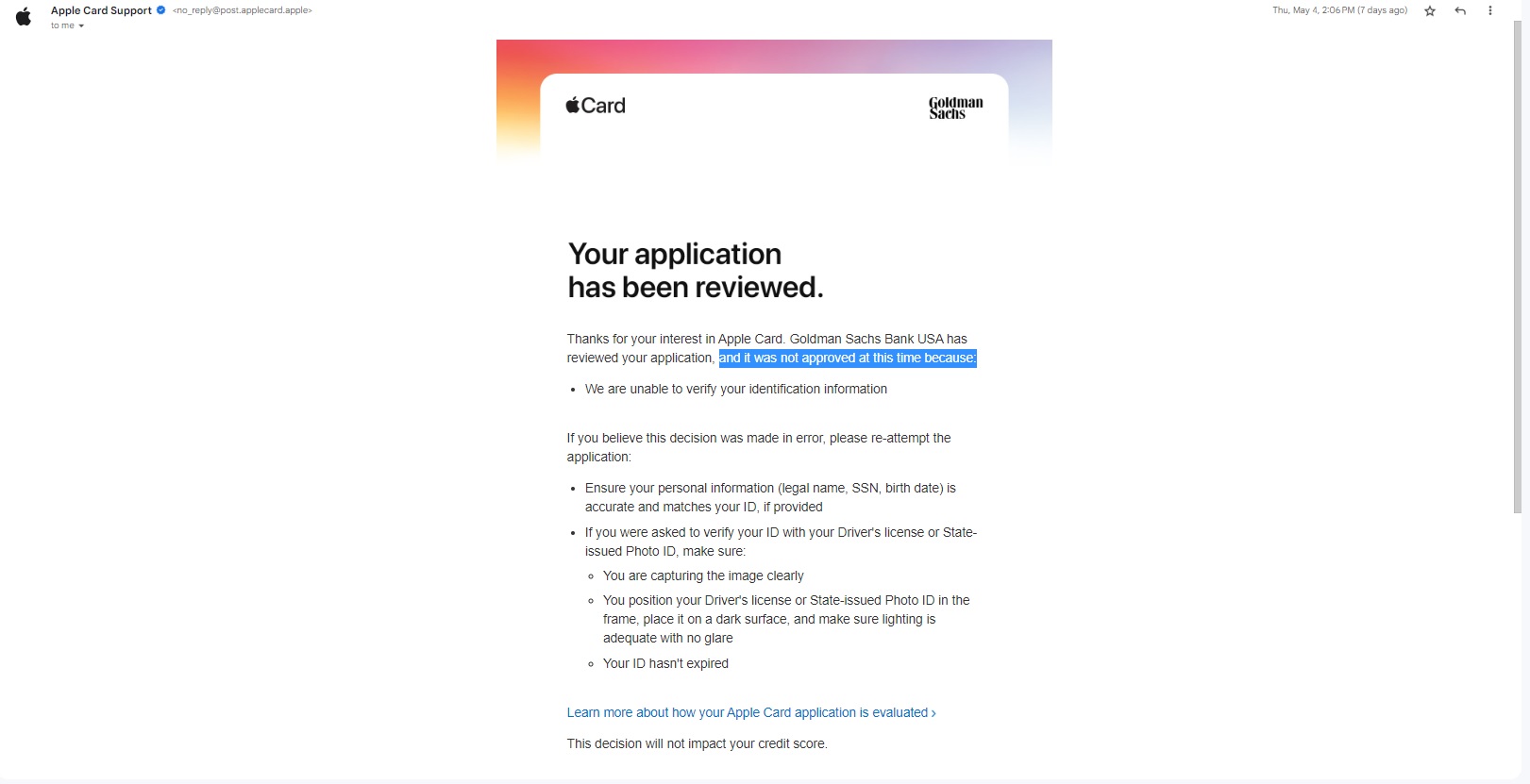 Apple Card application denial