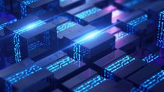 An abstract render of glowing blue and purple cubes stacked on top of each other