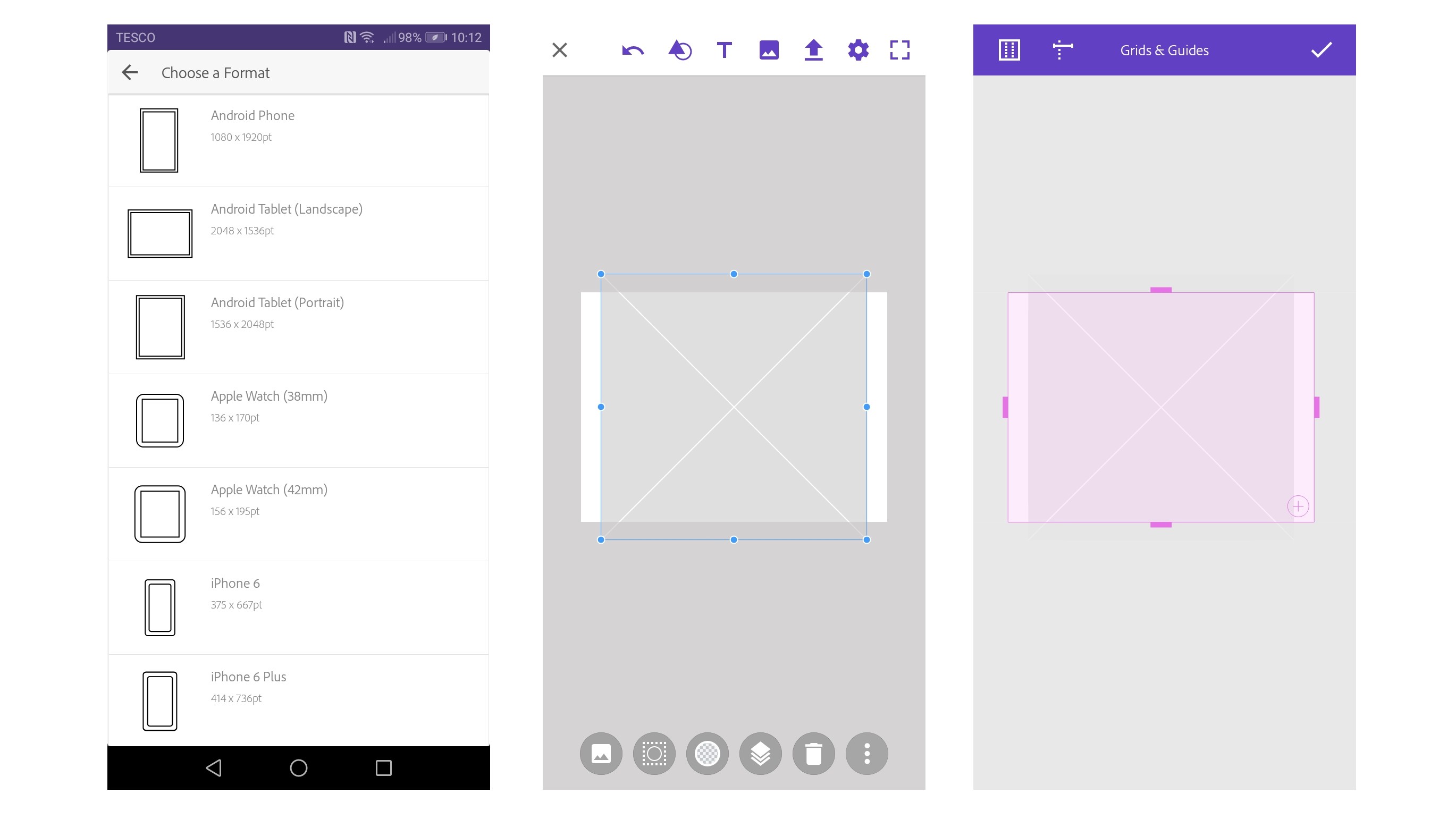 3 phone screens showing Adobe Comp