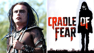 A photo of Dani Filth performing and the poster for Cradle of Fear