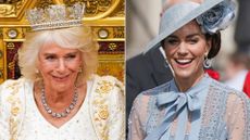 Composite of Queen Camilla at the State Opening of Parliament and the Princess of Wales at a coronation garden party