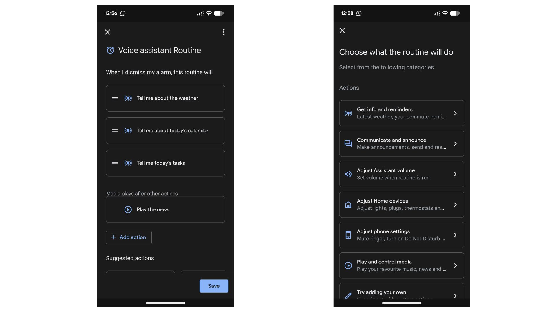 Google Clock app Voice Assistant Routine screenshots