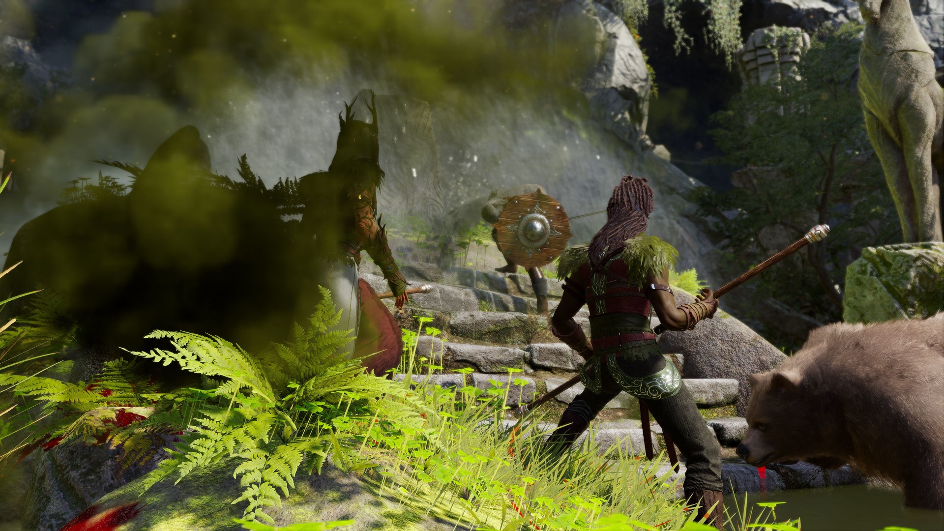 Druids battle in a verdant grove in Baldur's Gate 3