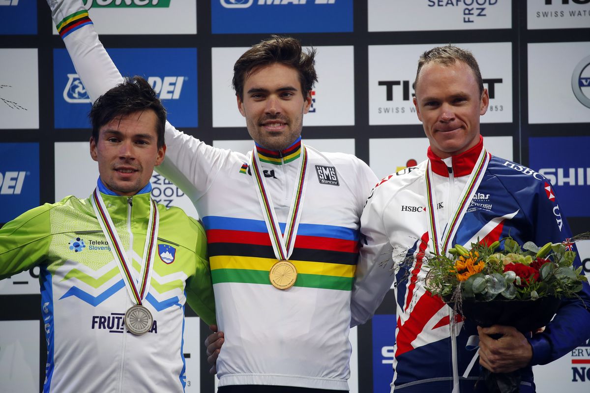 Tom Dumoulin with Primoz Roglic and Chris Froome on the podium