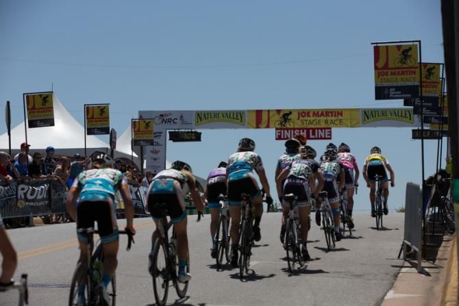 The finish of the Joe Martin Stage Race Fayetteville criterium is atop a steep climb in the downtown district.