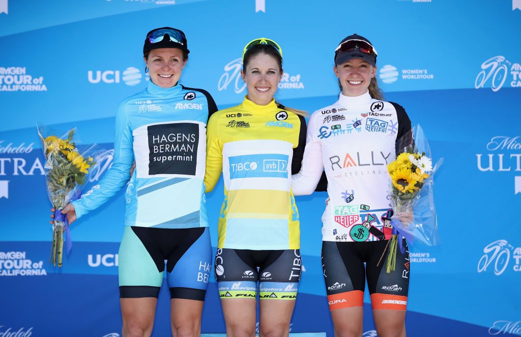 The jerseys after the women's first stage - Whitney Allison, Kendall Ryan and Emma White