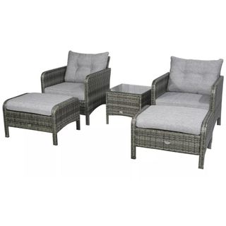 5 Pieces Rattan Wicker Lounge Chair Outdoor Patio Conversation Set with 2 Cushioned Chairs, 2 Ottomans & Tempered Glass Top Coffee Table, Grey