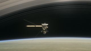 Cassini poses between Saturn's rings in artist illustration