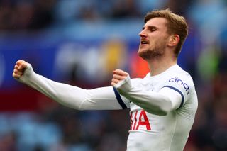 Timo Werner celebrates after scoring for Tottenham against Aston Villa in March 2024.