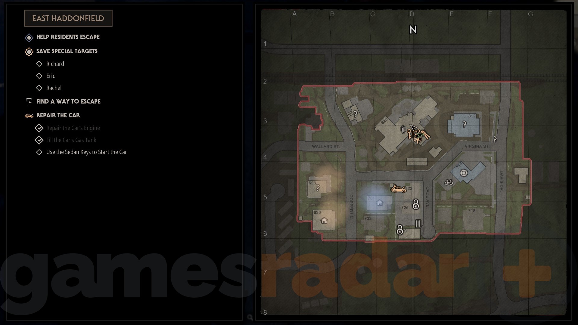 The Halloween the Game map, showing various markers for items and escapes.