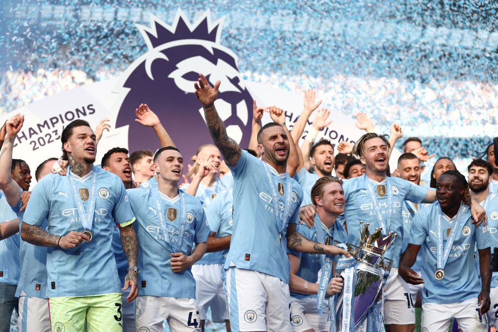 Kyle Walker of Manchester City lifts the Premier League Trophy after their team&#039;s victory during the Premier League match between Manchester City and West Ham United at Etihad Stadium on May 19, 2024 in Manchester, England. (Photo by Naomi Baker/Getty Images)