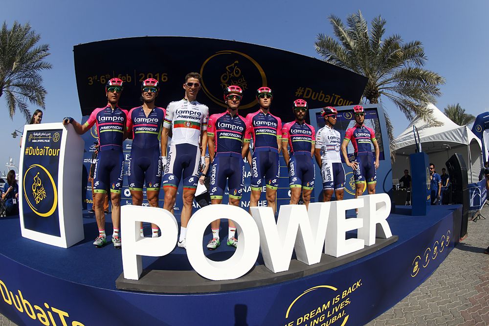 Lampre-Merida on the sign-in stage at the Dubai Tour