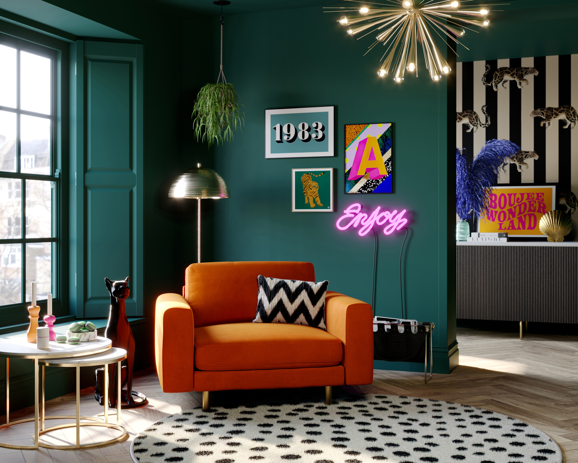 Funky lounge with orange snuggler, dark green walls, quirky accessories, and fun neon light sign.