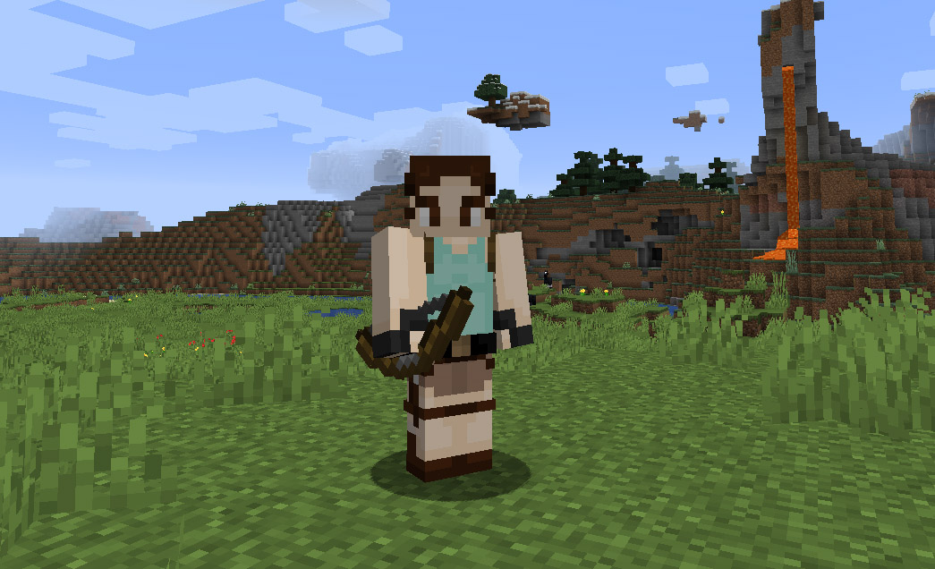 A Lara croft Minecraft Skin com sua regata clássica azul-petróleo e um laço