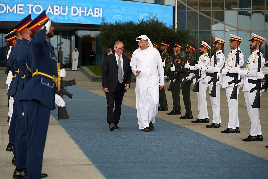 Khaldoon Khalifa Al Mubarak, Chairman of Abu Dhabi's Executive Affairs Authority, bids farewell to Britain's Prime Minister Keir Starmer