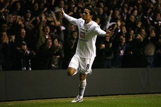 Jermaine Jenas of Tottenham celebrates his opening goal during the Carling Cup Semi-final second leg match between Tottenham Hotspur and Arsenal at White Hart Lane on January 22, 2008 in London, England.