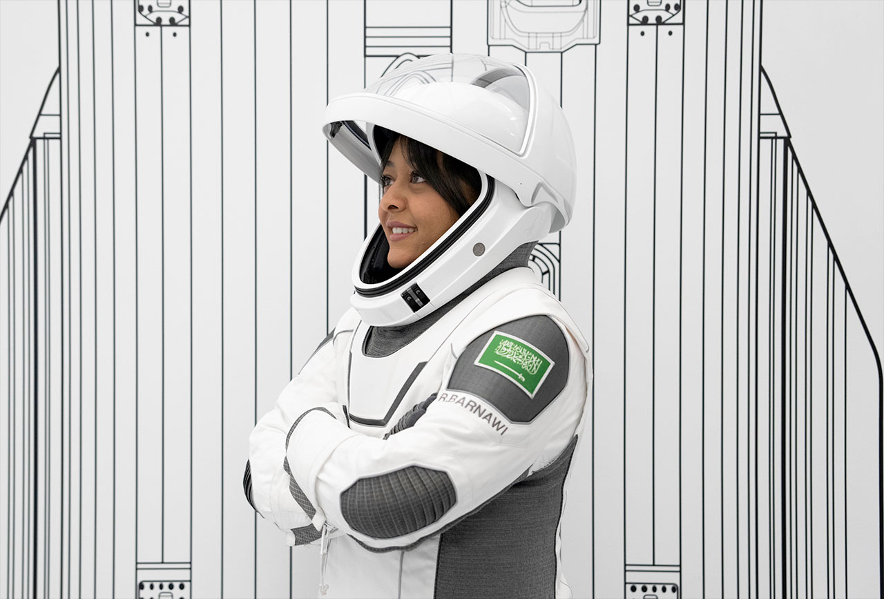 AX-2 Mission Specialist Rayyanah Barnawi in a space suit.