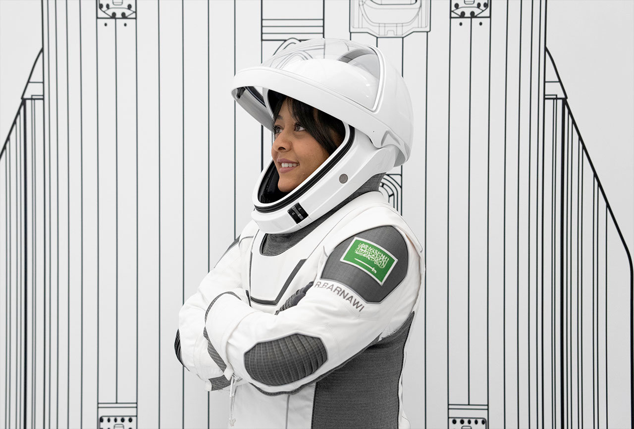 Ax-2 mission specialist Rayyanah Barnawi in a spacesuit.