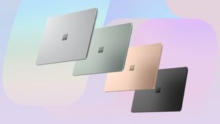 Surface Laptop 5 devices in various colors over a gradient background with Microsoft Copilot overlay.