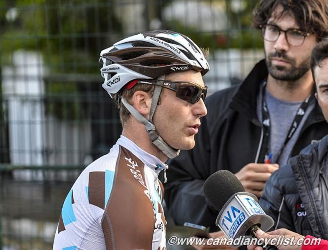 Hugo Houle (AG2R) talks to the local media