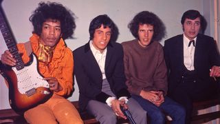 F6X3KP JIMI HENDRIX backstage at the opening night of the Walker Brothers UK Tour at Finsbury Park Astoria on 31 March 1967. Along with Cat Stevens (holding gun) and Engelbert Humperdinck at right seated either side of Gary Leeds of the U.S. act the Walker Brothers