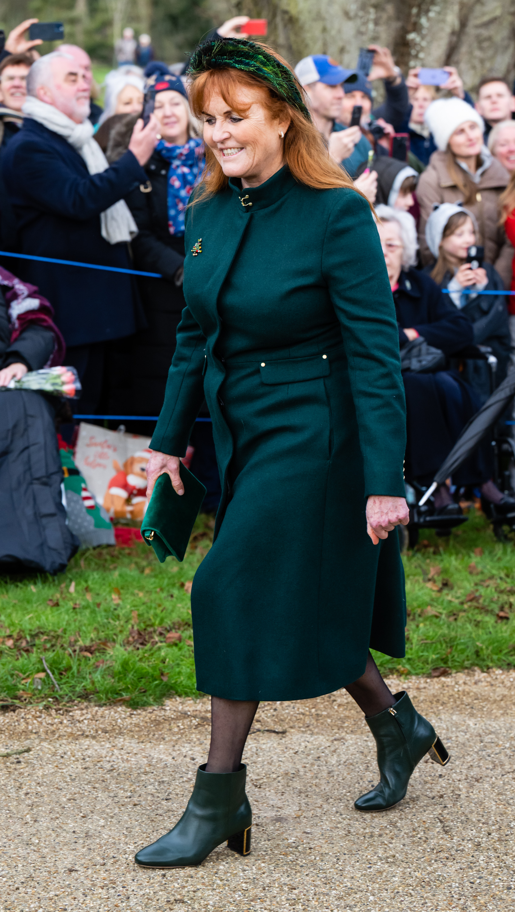 Sarah Ferguson wearing a green coat walking to church on Christmas in 2023