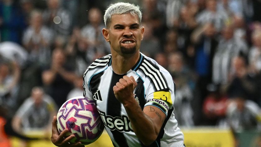 Bruno Guimaraes celebrates after scoring their first goal during the English Premier League football match between Newcastle United and Liverpool at St James' Park in Newcastle-upon-Tyne, north east England on August 25, 2025. 