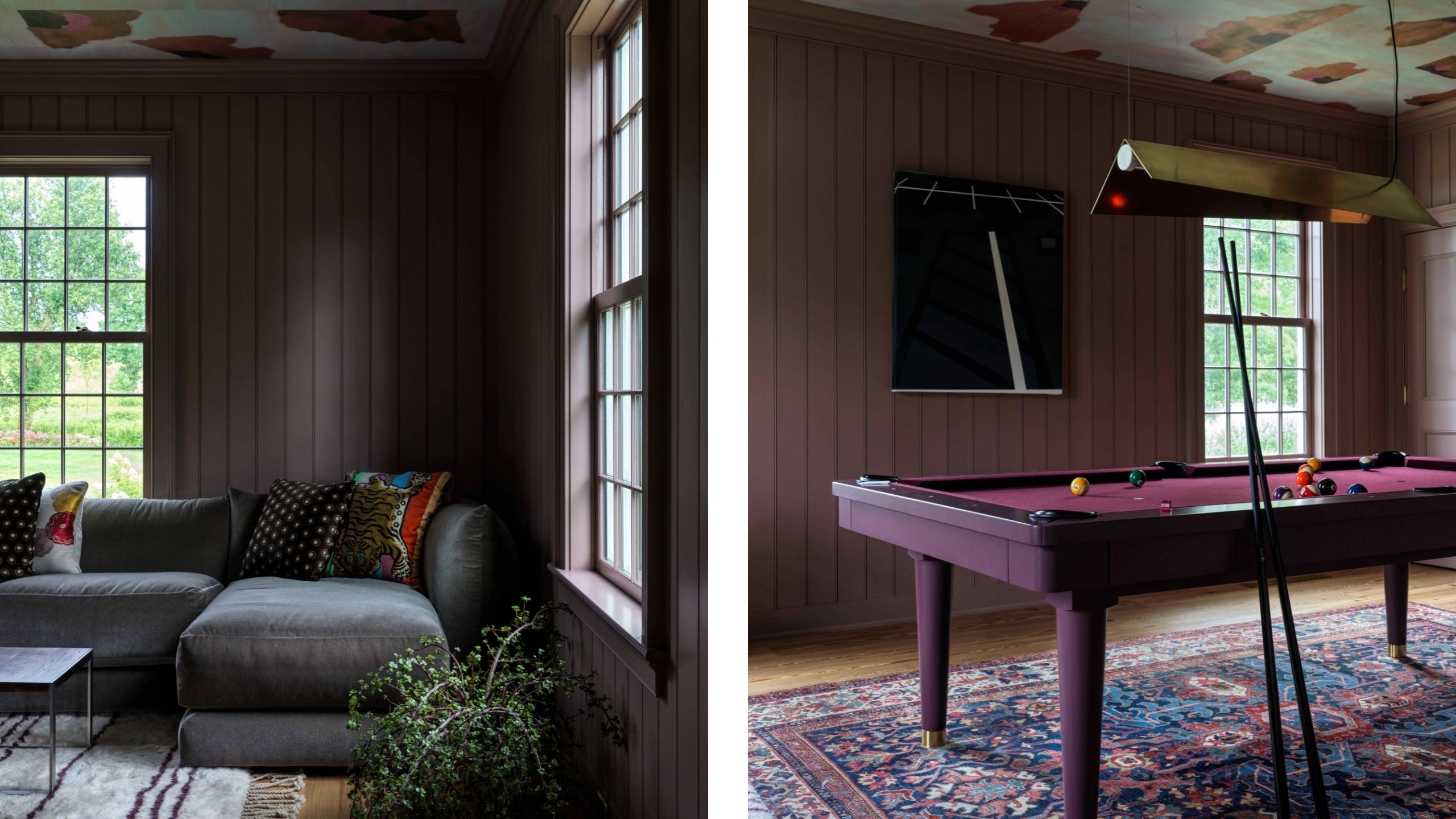 two side by side images of a moody mauve games room