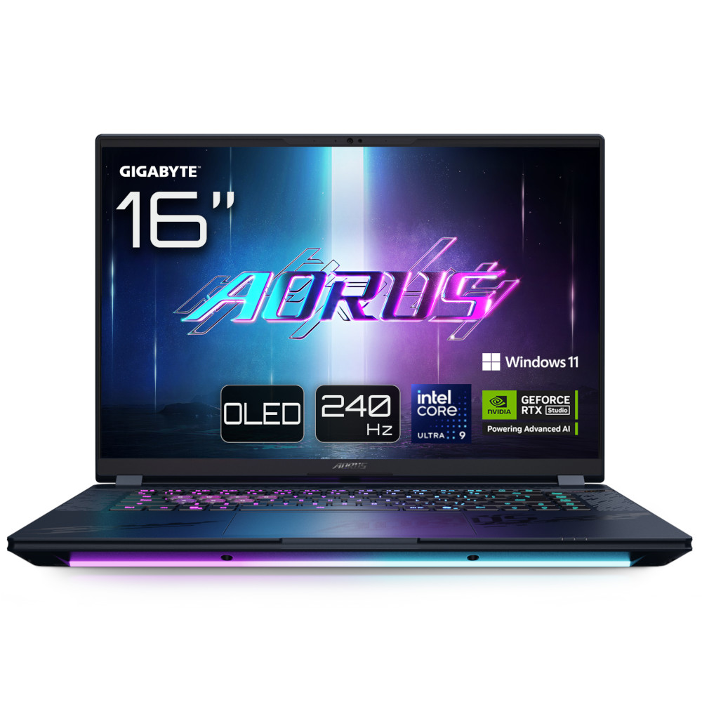Gigabyte Aorus Master 16 laptop open with specs on screen