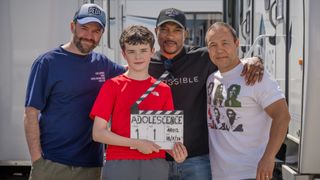 Phillip Barantini, Owen Cooper, Ashley Walters, Stephen Graham on the set of Adolescence